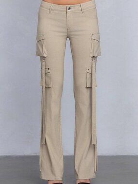Low Rise Flared Cargo Pants | Stretchy Woven Streetwear with Strap Details